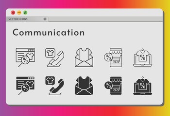 communication icon set. included online shop, newsletter, phone call icons on white background. linear, filled styles.