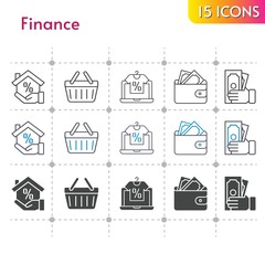 finance icon set. included online shop, mortgage, wallet, money, shopping-basket, shopping basket icons on white background. linear, bicolor, filled styles.