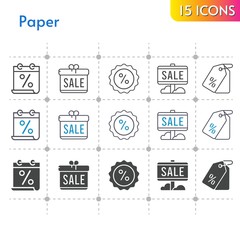 paper icon set. included calendar, gift, sale, price tag, discount icons on white background. linear, bicolor, filled styles.