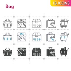bag icon set. included shopping bag, shop, package, shopping cart, shopping-basket, shopping basket icons on white background. linear, bicolor, filled styles.