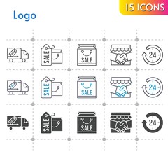 logo icon set. included shopping bag, handshake, 24-hours, delivery truck icons on white background. linear, bicolor, filled styles.