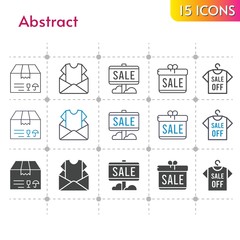 abstract icon set. included gift, newsletter, sale, package, shirt icons on white background. linear, bicolor, filled styles.
