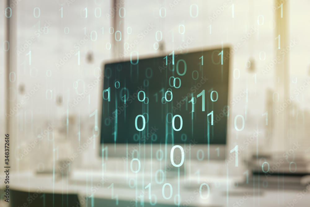Poster creative abstract binary code sketch on modern laptop background, hacking and matrix concept. multie
