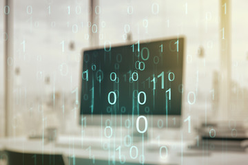 Creative abstract binary code sketch on modern laptop background, hacking and matrix concept. Multiexposure