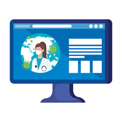 planet earth of covid19 in desktop with female doctor vector illustration design