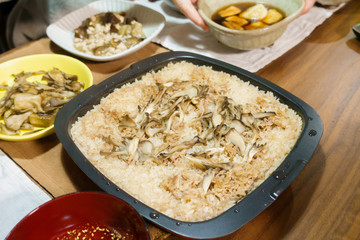 Japanese dining table. Rice, side dishes, pickles and stewed dishes