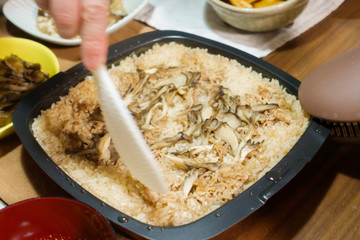 Japanese dining table. Rice, side dishes, pickles and stewed dishes