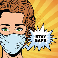woman using face mask for covid19 saying stay safe