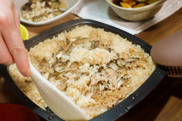 Japanese dining table. Rice, side dishes, pickles and stewed dishes