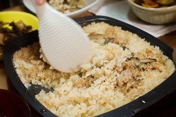 Japanese dining table. Rice, side dishes, pickles and stewed dishes