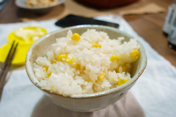 Japanese dining table. Rice, side dishes, pickles and stewed dishes