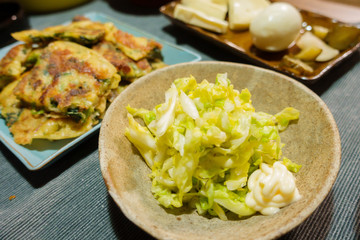 Japanese dining table. Rice, side dishes, pickles and stewed dishes