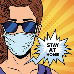 woman using face mask for covid19 saying stay at home