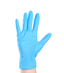 Woman in blue latex gloves on white background, closeup of hand