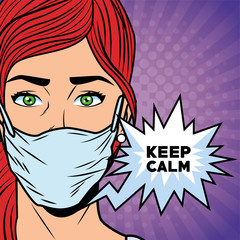 woman using face mask for covid19 saying keep calm