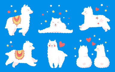 Llama or alpaca set. Funny flat cartoon character, smiling animal. Cute white children llamas with hearts and stars. Isolated on blue background, vector illustration