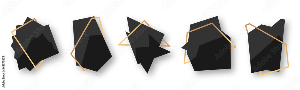 Poster polygonal abstract geometric black banner with gold line frame set. empty template for any design, c