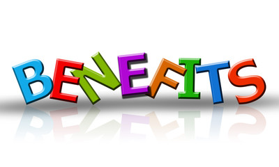 Benefits phrase composed of multicolored alphabet