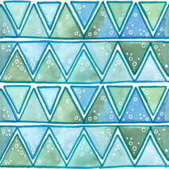 watercolor drawing abstract geometric triangles of different shades of turquoise color glass sea seamless pattern.