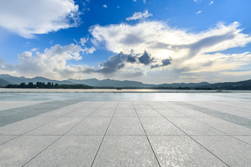 Empty square floor and mountain landscape in hangzhou.