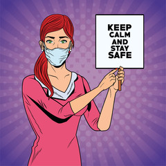 woman using face mask for covid19 with keep calm banner