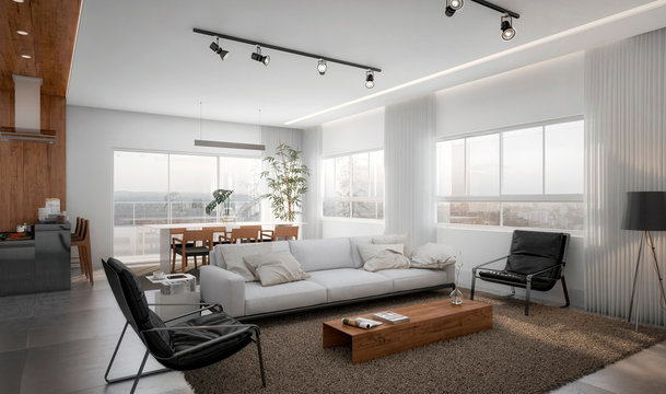 White interior living design modern, wood, black