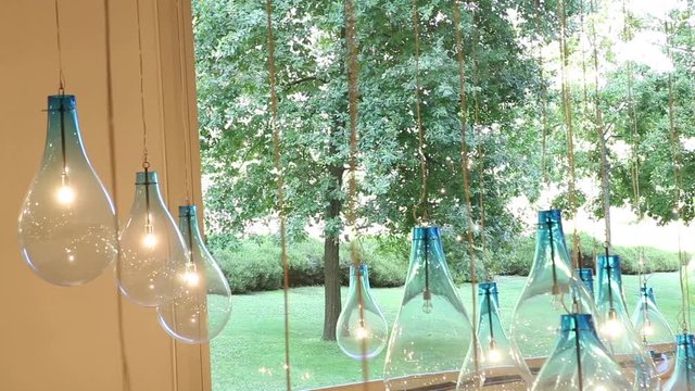 Dolly Shot in Serralves Museum Coffee Shop with bulb lamps in Oporto, Portugal