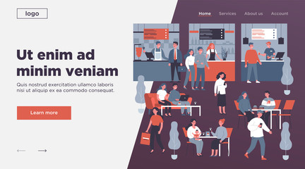 Young people eating at fast food restaurant flat vector illustration. Man and woman having lunch at cafe or cafeteria. Character sitting at table, using digital device. Lifestyle and leisure concept.