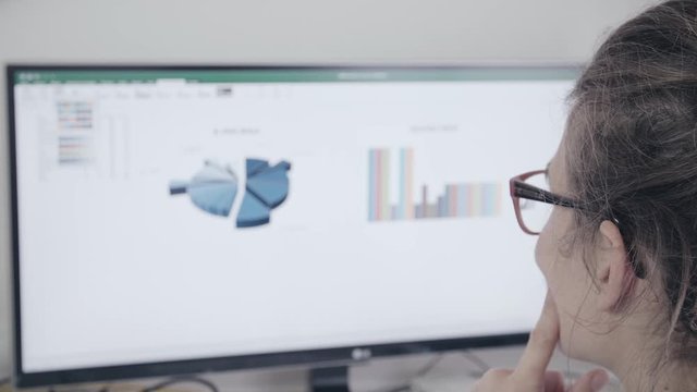 Head of Caucasian woman looks at pie and bar charts on home computer screen
