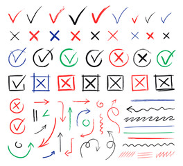 Handwritten check marks flat icon collection. Chalk arrows, crosses and brush underlines made with pen vector illustration set. Marking and navigation concept