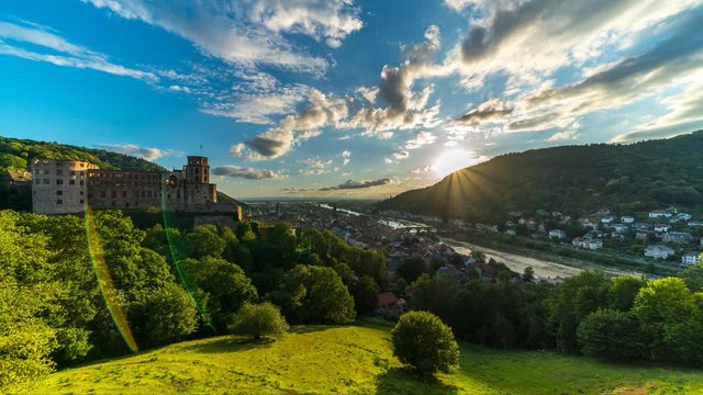 Heidelberg skyline germany city time lapse video sunset ove old town view of heidelberg castle.
