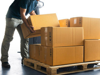 Workers Lifting Packaging Boxes on Pallets Racks in The Warehouse. Supply Chain. Storehouse...