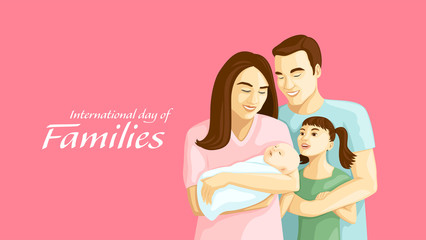 Detailed flat vector illustration of a happy family of four. International Day of Families. Feel free to use only parts of the illustration too.