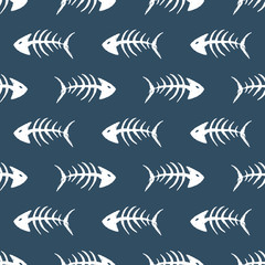 Fish bones Seamless pattern. Fish skeleton doodle, Hand drawn Cartoon Vector illustration