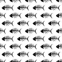 Fish bones Seamless pattern. Fish skeleton doodle, Hand drawn Cartoon Vector illustration