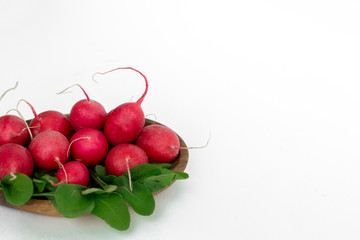 Set of vegetables on a wooden bowl on a white background: radish and green lettuce. New crop of fresh greens. Health food. A copy of the space.