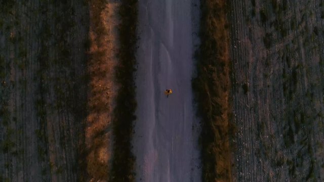 AERIAL DRONE TOP DOWN ZENITHAL SHOT ONF MAN RUNNING ALONE IN COUNTRY ROAD WIRH MAGICAL LIGHT