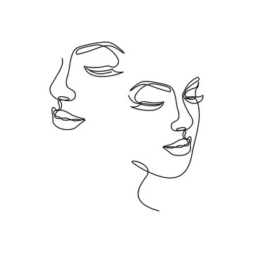 Continuous line drawing of Portrait of a Beautiful Woman's set faces. The Concept of Skin Beauty Care for young female models. Fashion beauty model with a white background