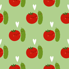 Kawaii Cartoon Cucumber and Tomato in love. 