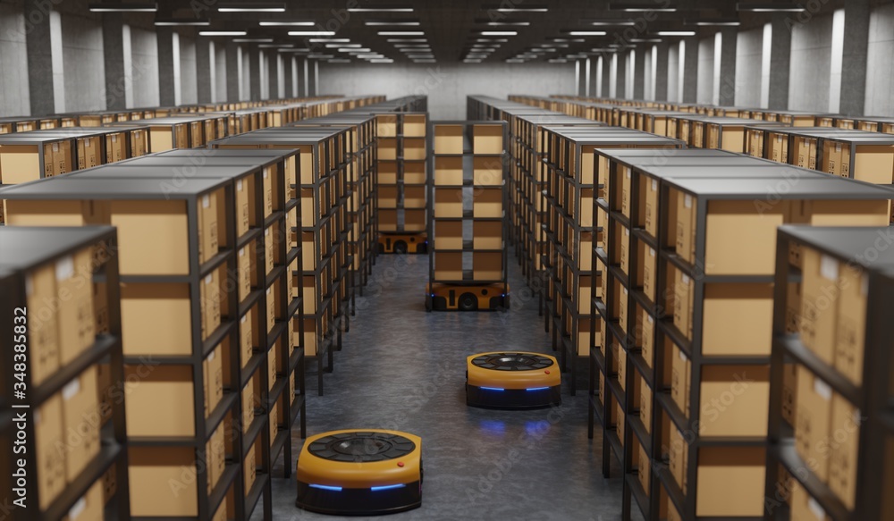 Poster warehouse in logistic center with automated guided vehicle is a delivery vehicle.