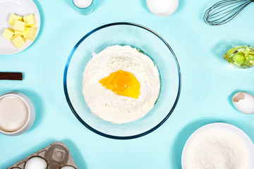 Background with baking ingredients. Flat lay. View from above.