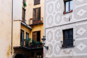 Old residential buildings on La Rambla street in Barcelona, Spain.