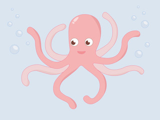 Funny fabulous pink octopus. Vector illustration. Cartoon print for kids, for fabrics and decoration.