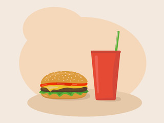 Fast food, burger with cheese and vegetables and soda drink in red paper cup. Vector flat illustration, menu template.
