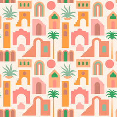 Seamless pattern with flat geometry architecture, Moroccan stairs, walls, arch, arc, palm tree. Boho style. Mid Century modern abstract print. Earthy tone, terracotta colors. Ancient orient city