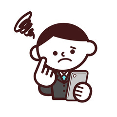 スマートフォン　ビジネス　スーツ　上半身　男性　不満　不安　困惑