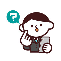 スマートフォン　ビジネス　スーツ　上半身　男性　疑問　はてな　考える