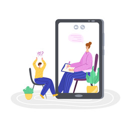 Psychological servise online, personal assistance. Upset man calling to psychologist. Costumer on therapist on devices screen on individual therapy session, helpful consultation. Isolated vector