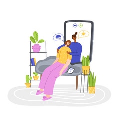 Psychological servise online, personal assistance. Upset girl trouble crying and calling to psychologist. doctor on device screen on individual therapy session, helpful consultation or support, vector