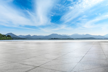 Empty square floor and mountain landscape in hangzhou.